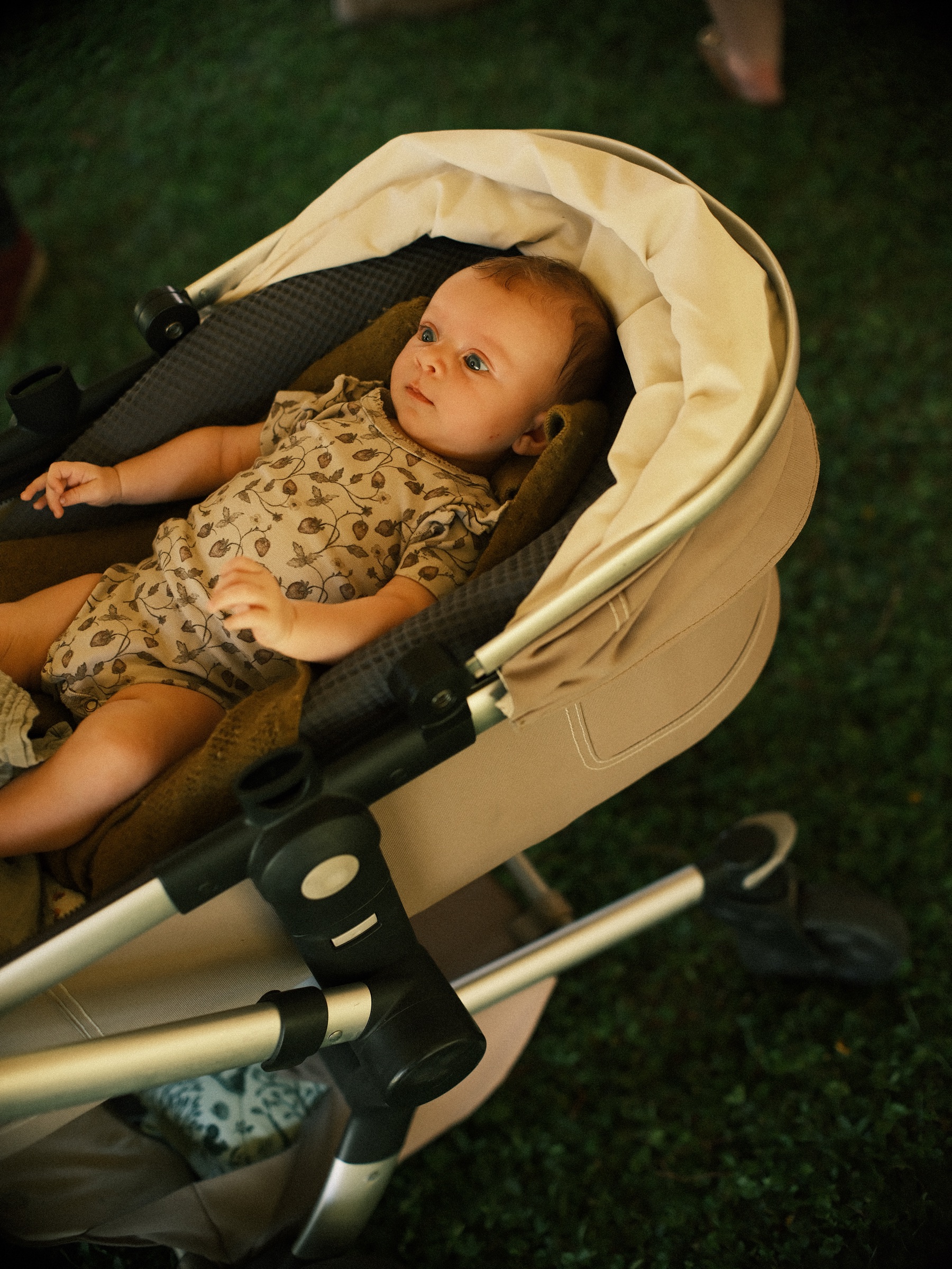 Baby in a spotted romper lying in a beige pram on the grass, looking up from under the hood just before the ceremony
