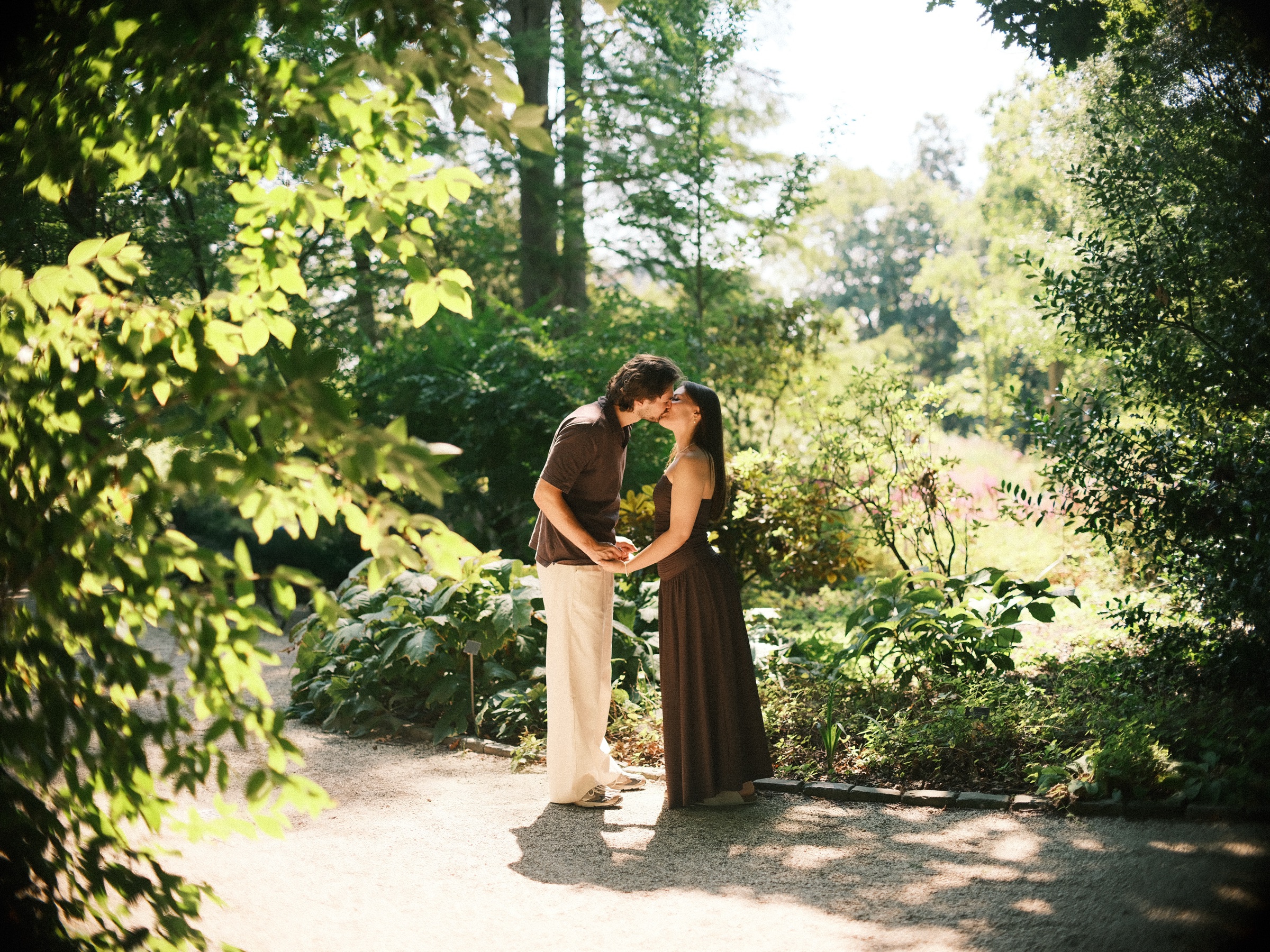 Couple kissing on a gravel path among tall trees and green shrubs, patches of midday sun on the ground of the Trompenburg gardens