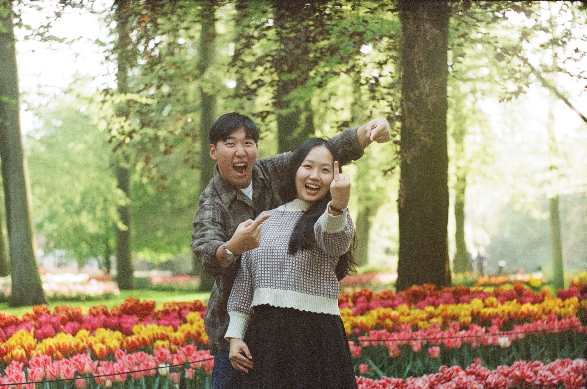Couple pointing playfully at her ring in front of red and yellow tulip beds, low evening sun glowing through the trees