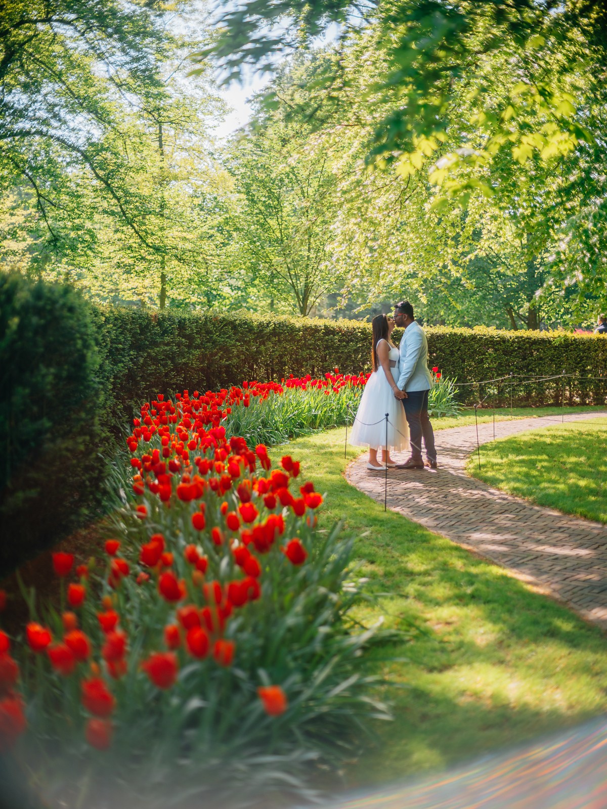 Bruidspaar loopt hand in hand over een slingerend tuinpad langs rode tulpen, met hoge bomen en een haag ernaast