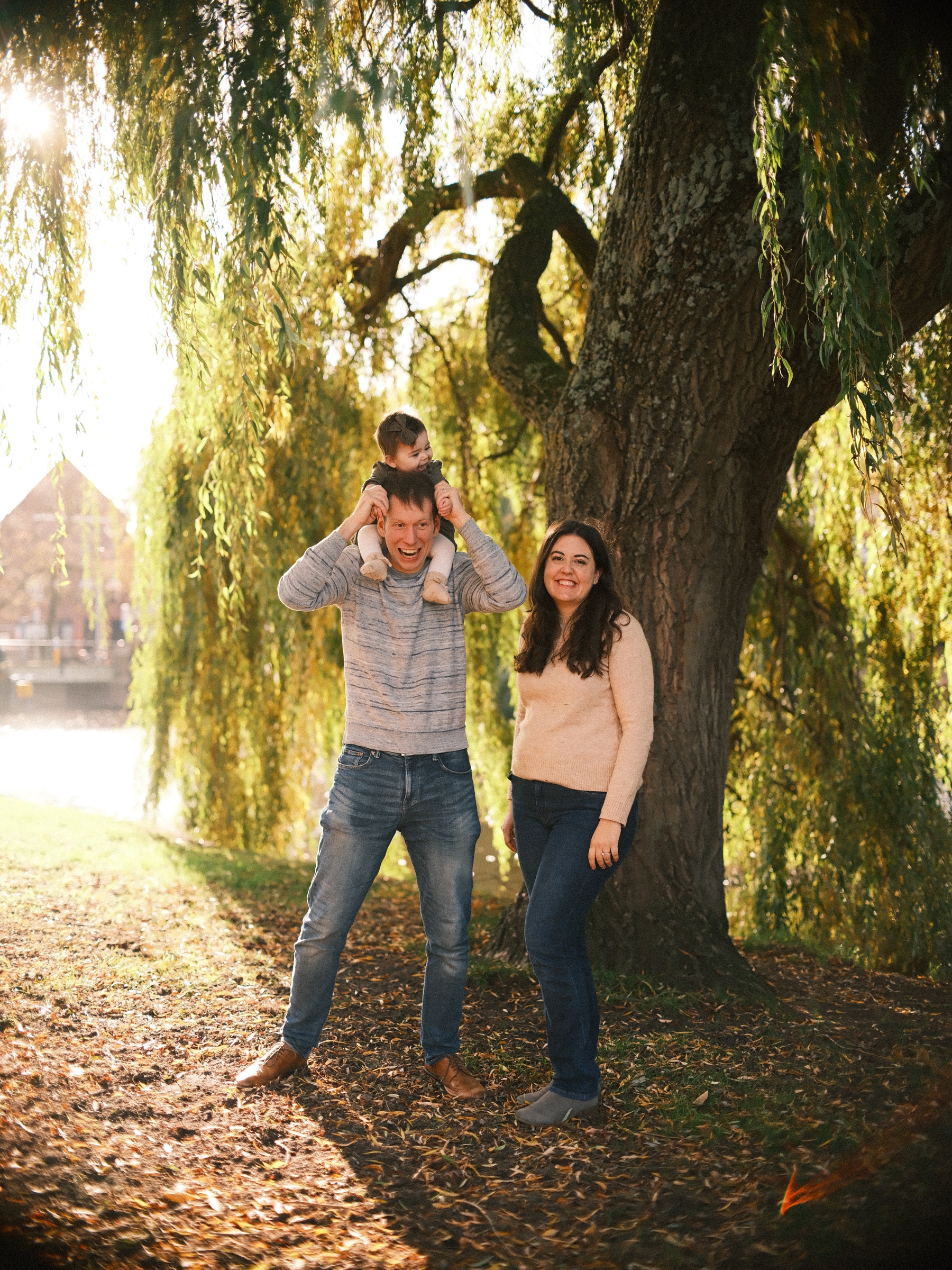 Father with his daughter on his shoulders beside the mother under a big weeping willow, yellow branches lit by the low sun, family photos in Leiden