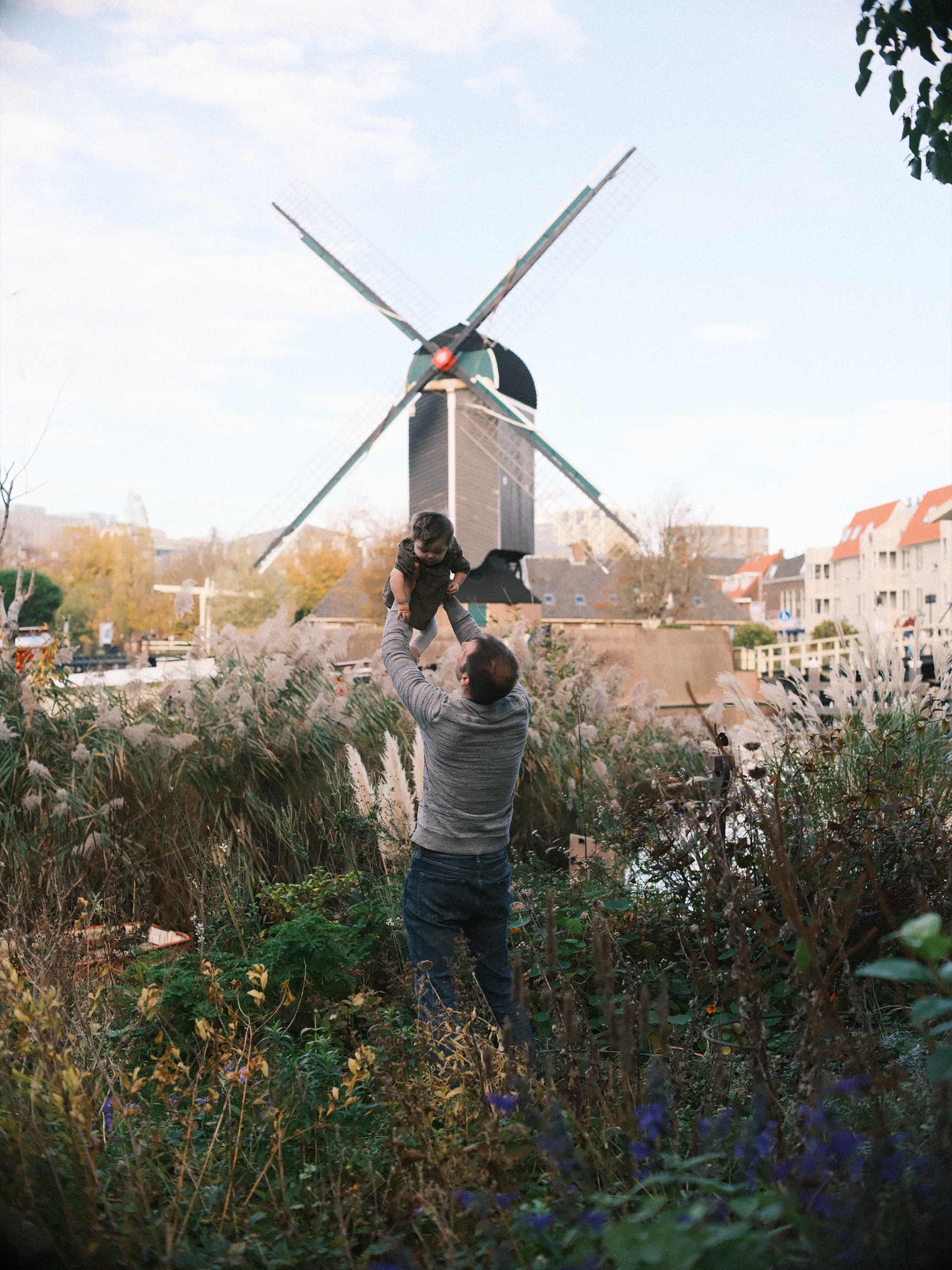 Father lifting his baby high toward the sky among the reeds, the windmill and its sails across the water in Leiden in autumn