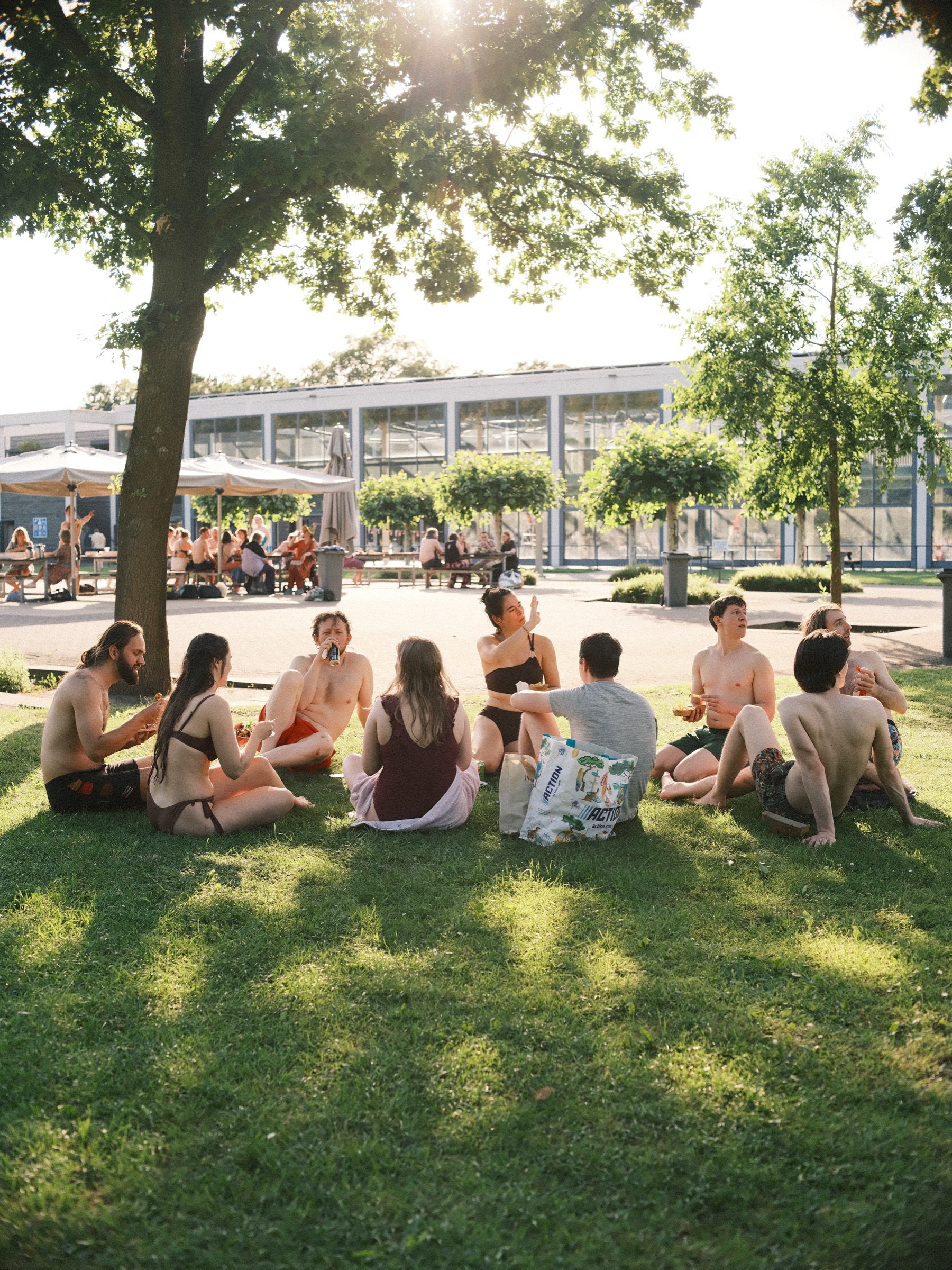 Wedding guests in swimwear sitting in a circle on the grass in Utrecht, low sun shining through the leaves of a tree
