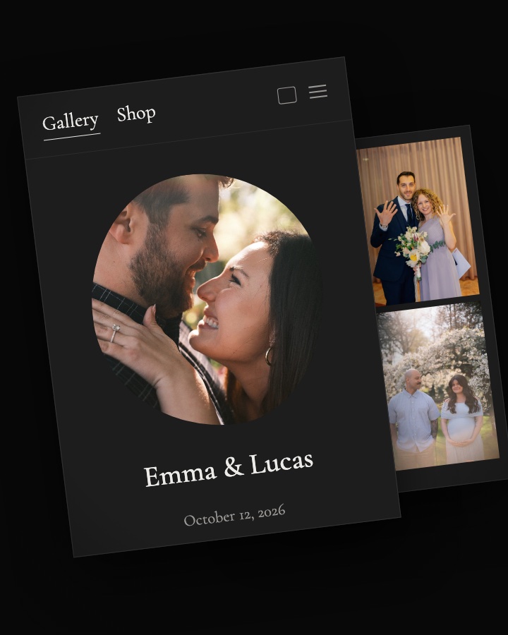 Online gallery cover with a laughing couple in a soft oval frame above the names Emma & Lucas, with more photos beside it