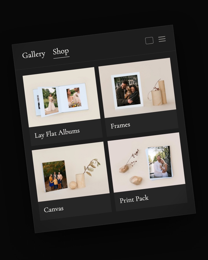Gallery shop with four product tiles: a lay-flat album, a framed print, a canvas and a print pack with couple and family photos