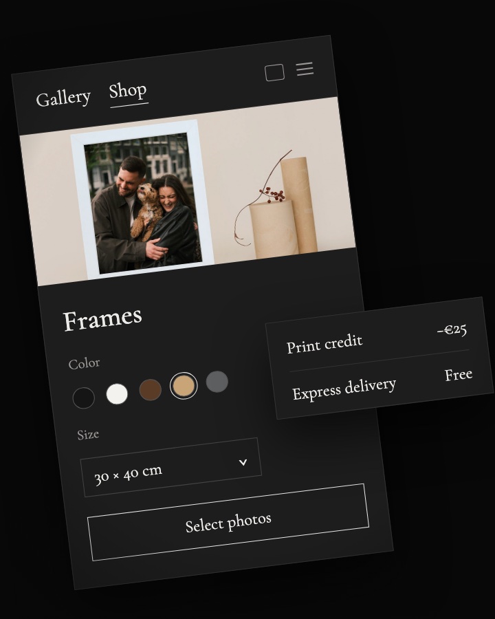 Product page for frames with color swatches, a size menu and a Select photos button, beside a card with the €25 print credit