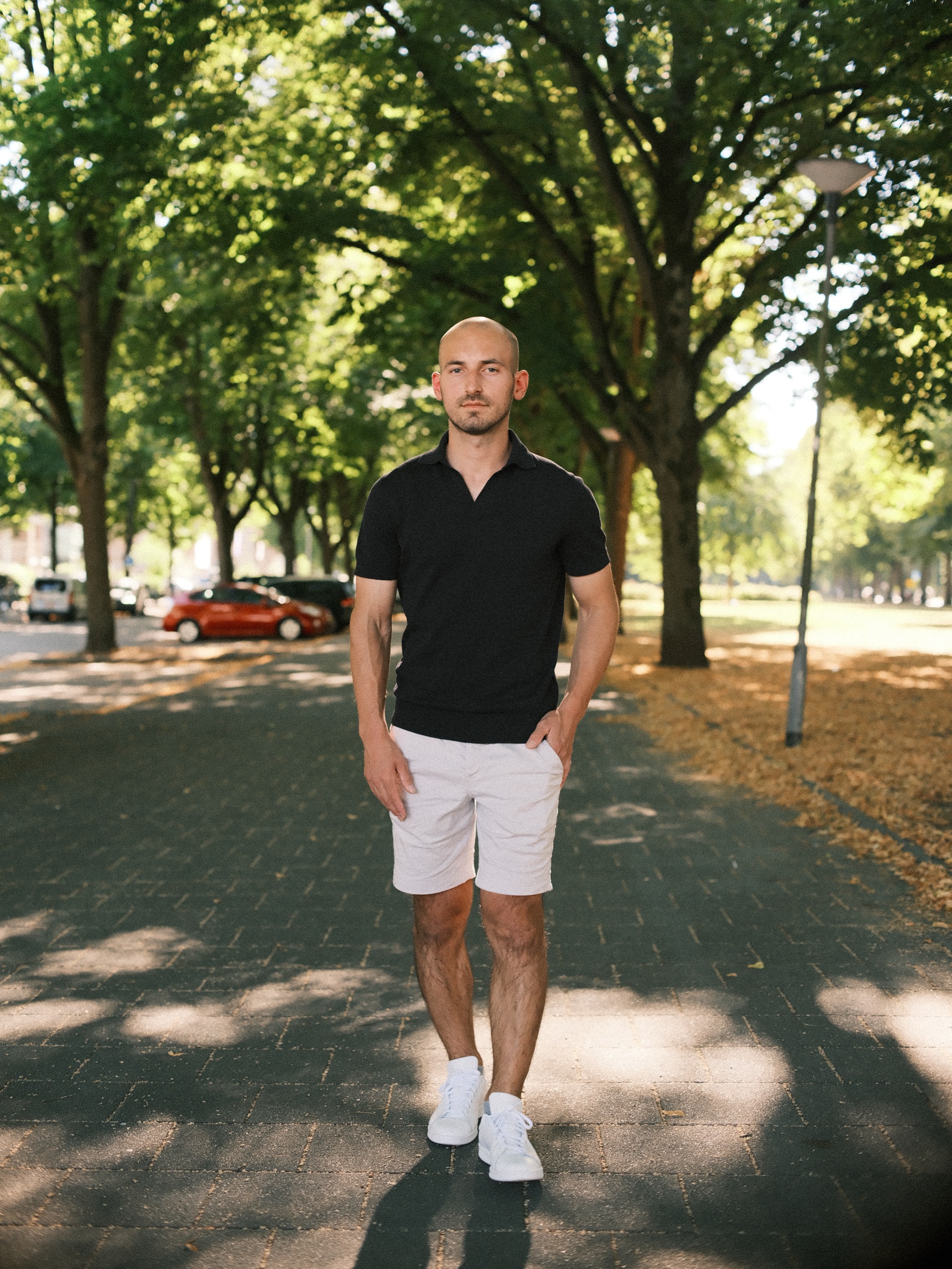 Man in a black polo shirt and light shorts standing in a wide avenue of old trees, evening sun falling in patches on the path