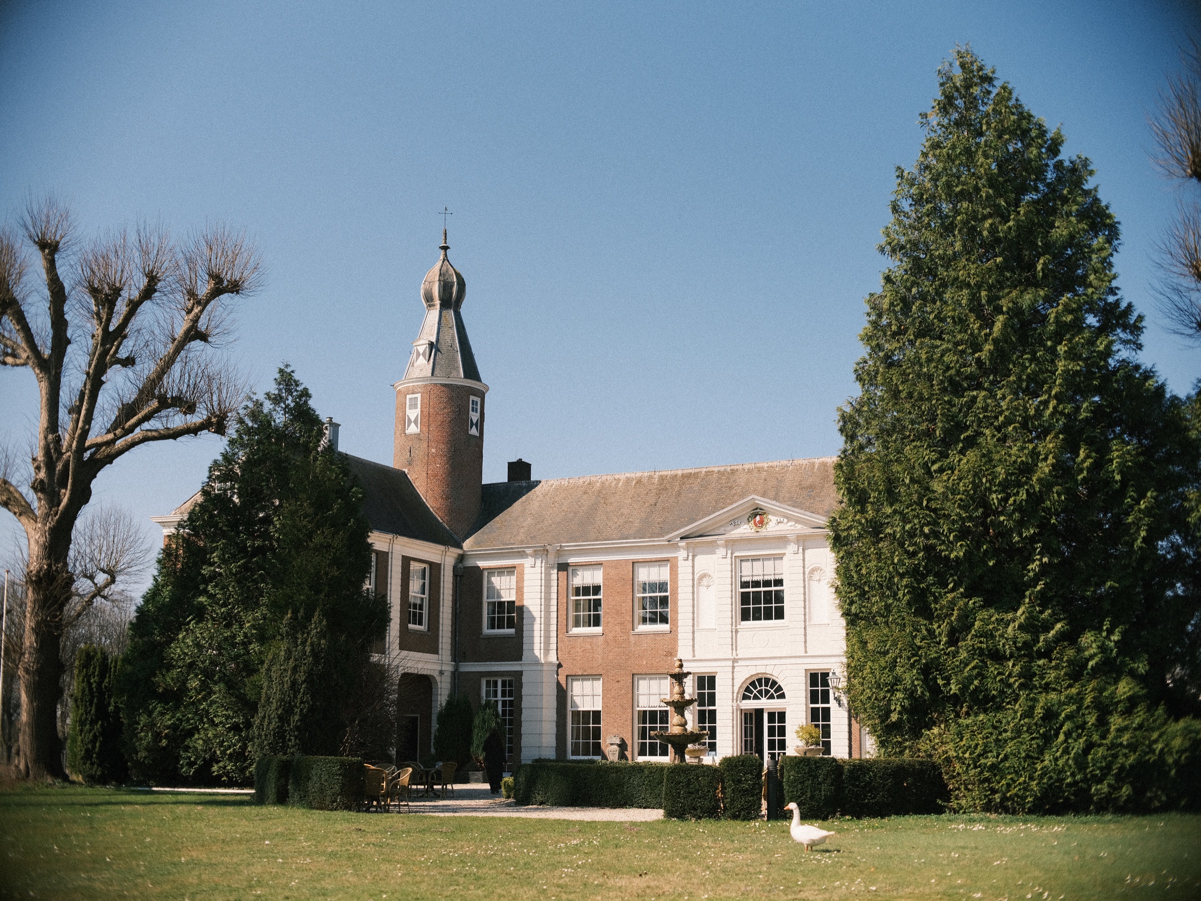 Kasteel Marquette in Heemskerk met de traptoren onder een strakblauwe lucht, kale bomen op het gazon en een witte gans