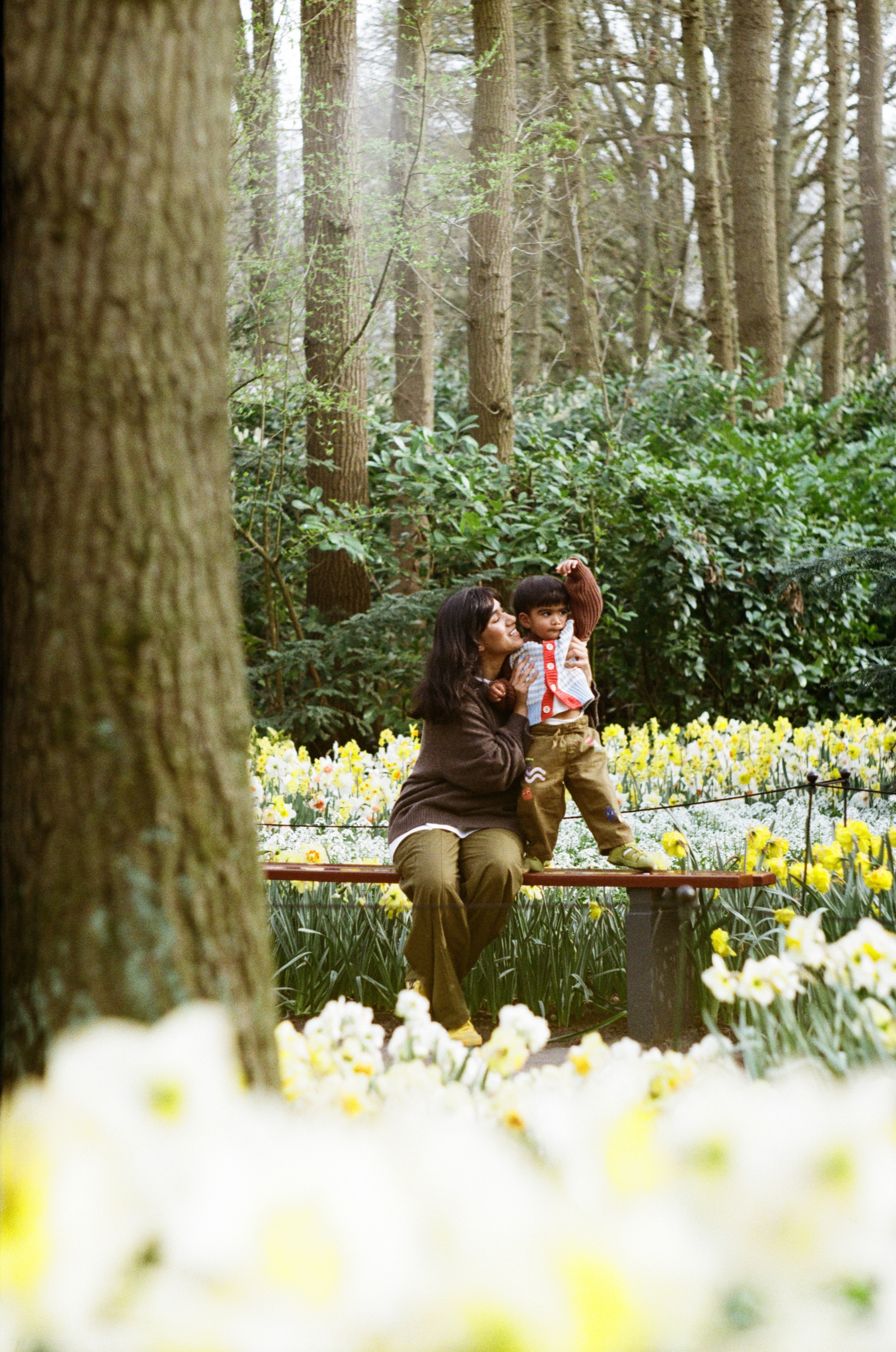 Mother and son on a red bench seen past a tree trunk and blurred white daffodils, the boy standing up and raising his arm