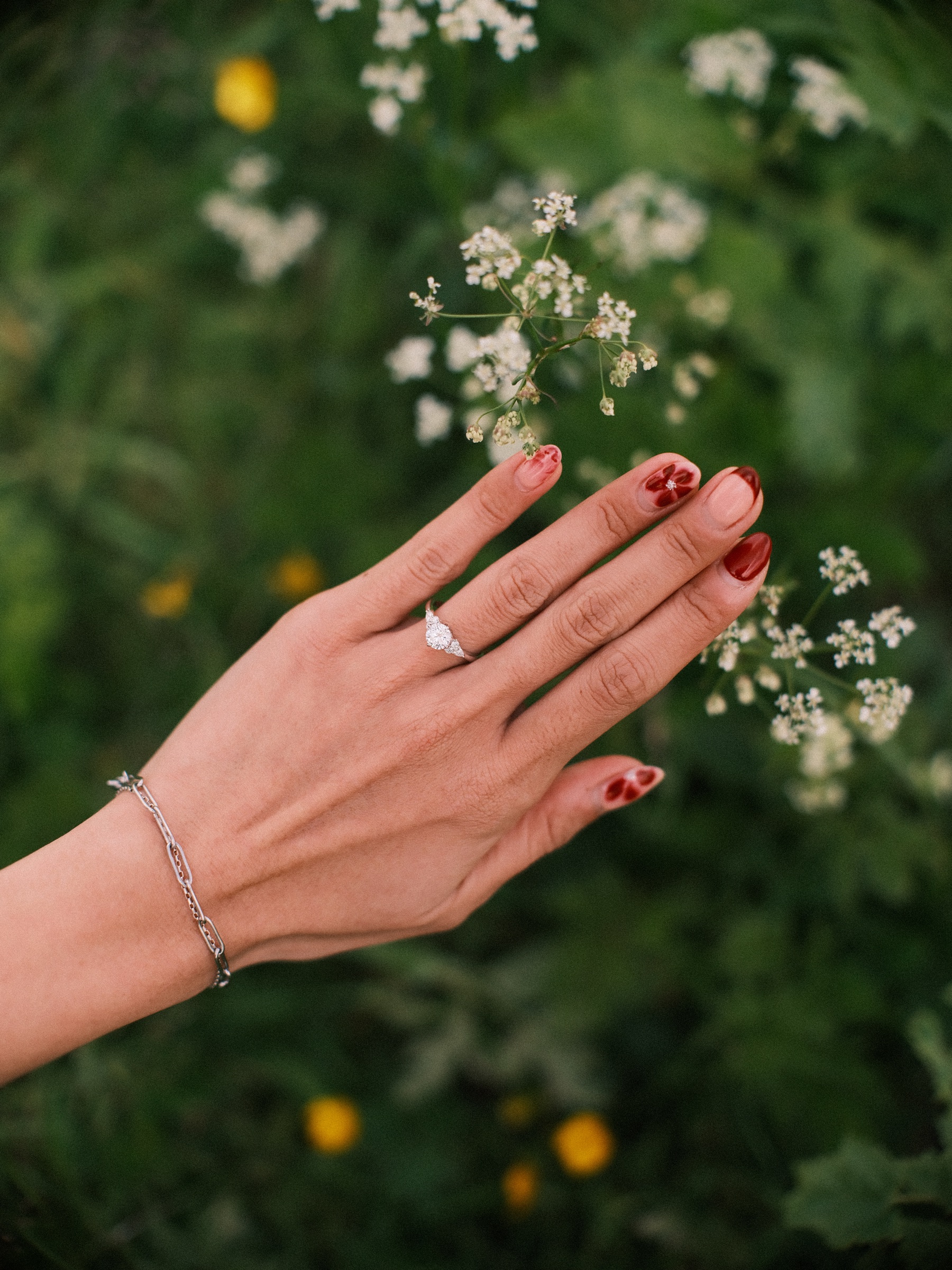 Hand with dark red nails and a new engagement ring held among white cow parsley and yellow buttercups by the path