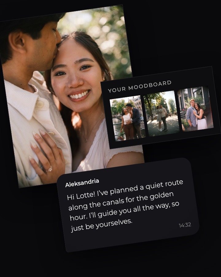 My Photoshoot message about a planned canal route for the golden hour, beside a laughing couple and three moodboard photos