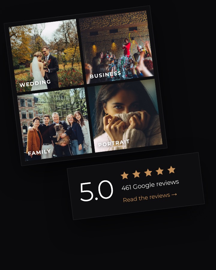 Grid of wedding, business, family and portrait photos next to a 5.0 Google rating card with five gold stars and 461 reviews