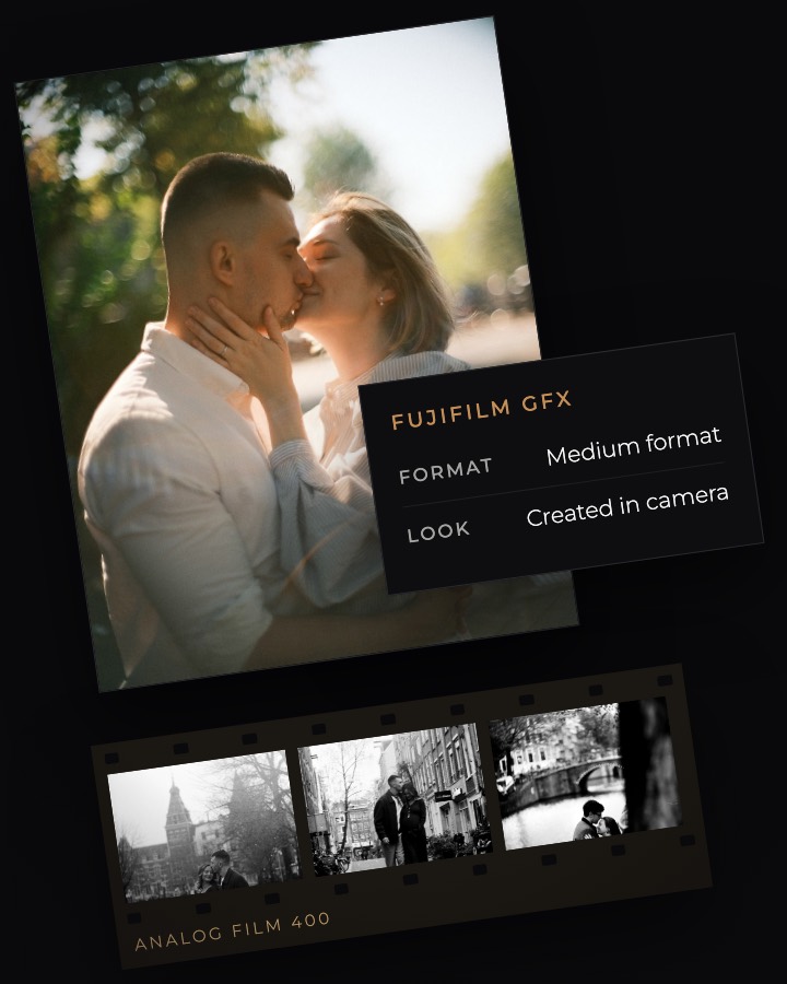 Couple kissing in warm backlight, a Fujifilm GFX medium-format camera card and a strip of black and white analog film