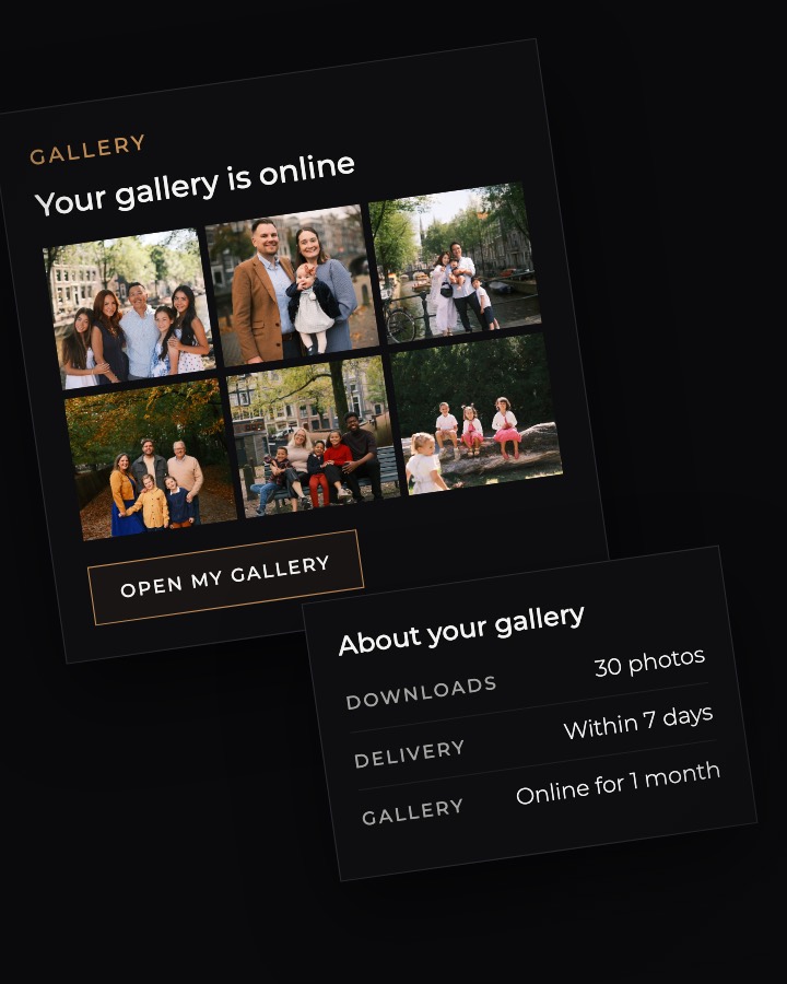 Online gallery in My Photoshoot with six family photos and a card listing 30 downloads, delivery within 7 days and 1 month online