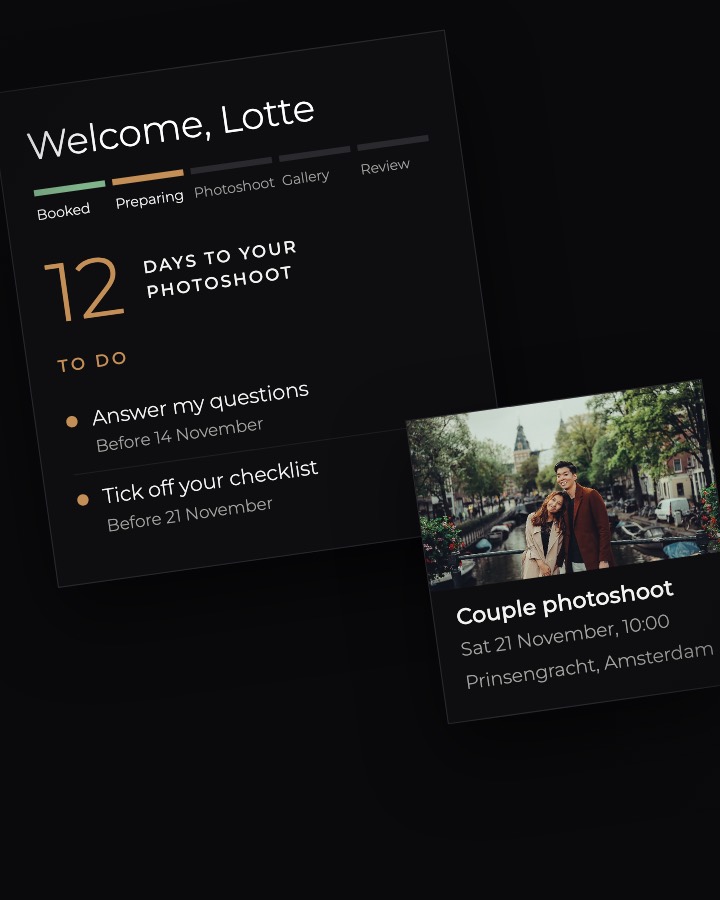 My Photoshoot overview with a 12-day countdown, a short to-do list and the booking card of a couple photoshoot on the Prinsengracht
