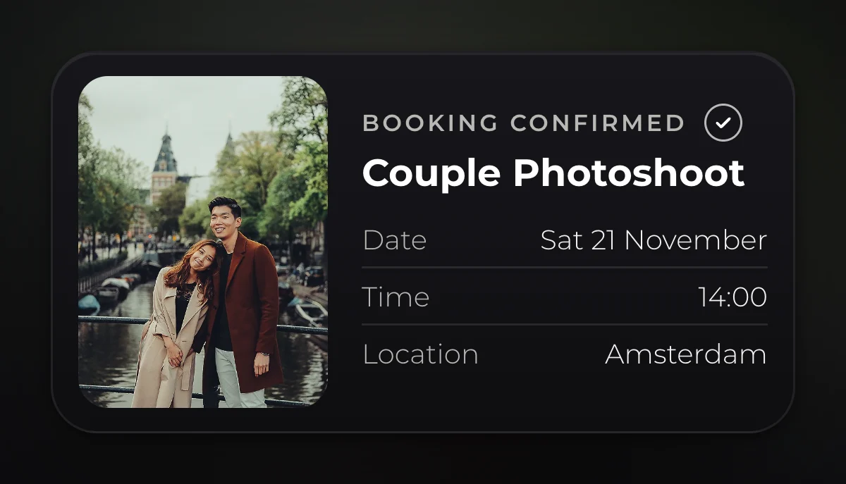 Couple on an Amsterdam canal bridge beside a Booking confirmed card for a Couple Photoshoot on Sat 21 November at 14:00