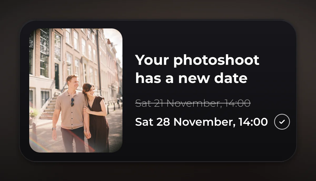 New date card with the old date Sat 21 November struck through and Sat 28 November at 14:00 below it, next to a couple walking down a street