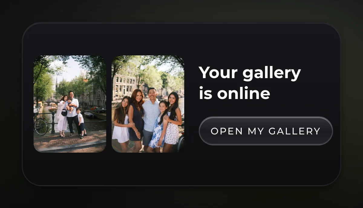Two family photos by the canals beside the words Your gallery is online and a button to open the gallery in My Photoshoot