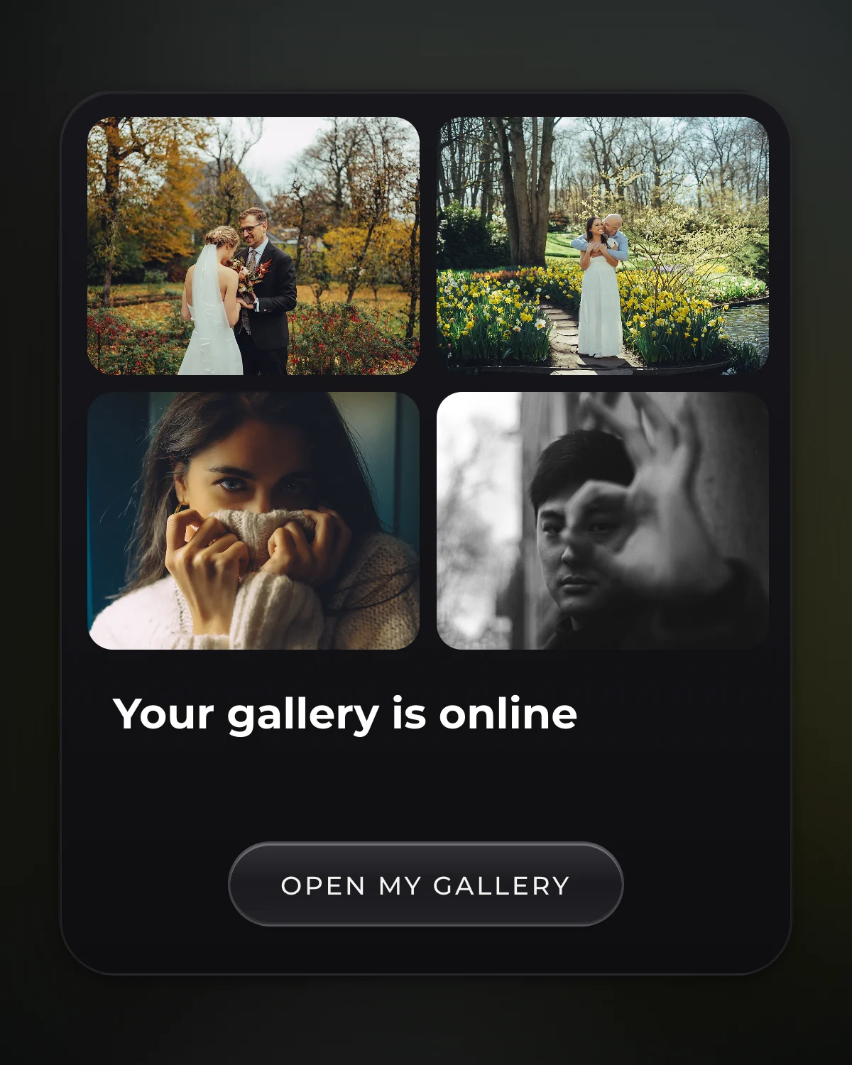 Card saying Your gallery is online with four photos in a grid, a bride and groom, a couple among spring flowers and two portraits, and a button to open it