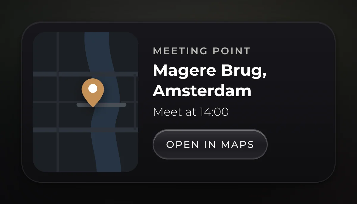 Small map with a pin next to the meeting point Magere Brug, Amsterdam, a 14:00 meeting time and a button to open the place in Maps