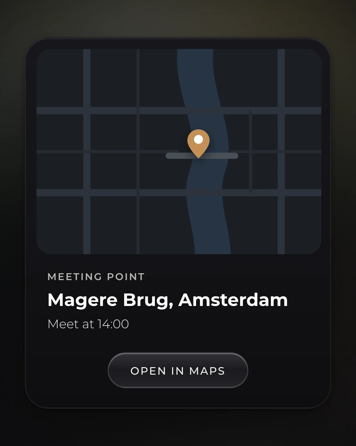 Meeting point card with a map pin at the Magere Brug in Amsterdam, meeting at 14:00 and a button to open the place in Maps
