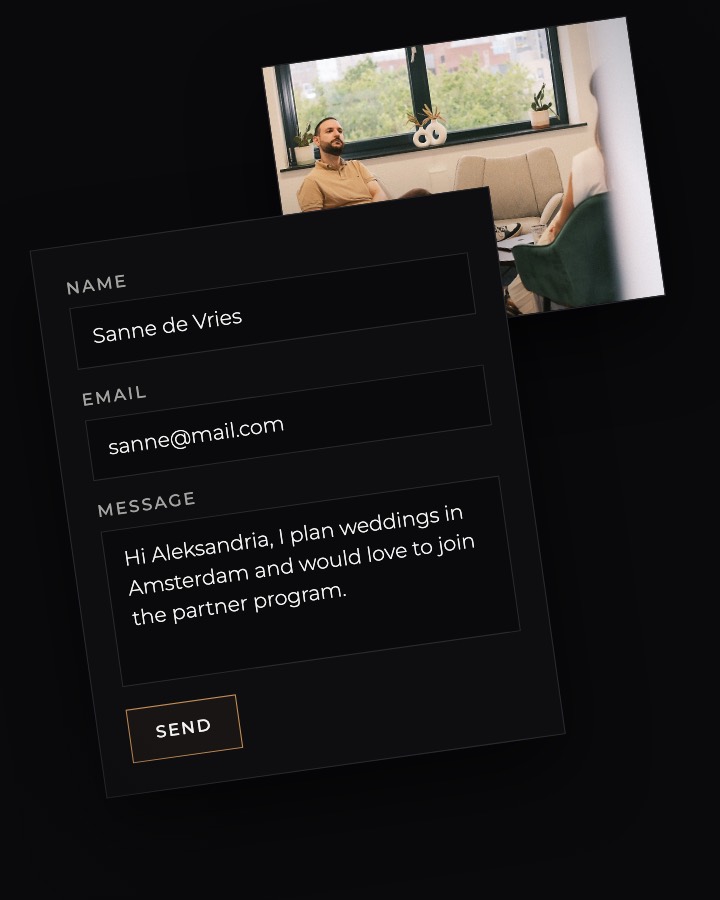 Contact form filled in with a name, an email address and a message asking to join the partner program, beside a man in an office