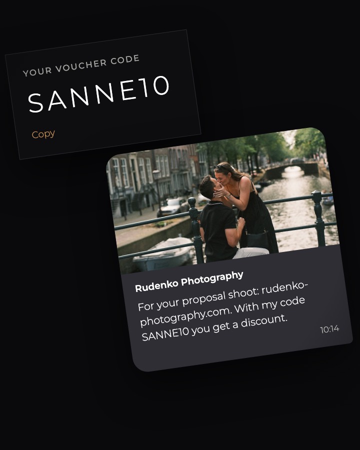 Voucher code SANNE10 shared in a chat message with a link preview of a marriage proposal by an Amsterdam canal