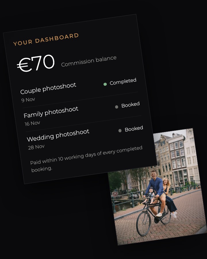 Partner dashboard with a €70 commission balance and three bookings marked completed or booked, beside a family on a bike