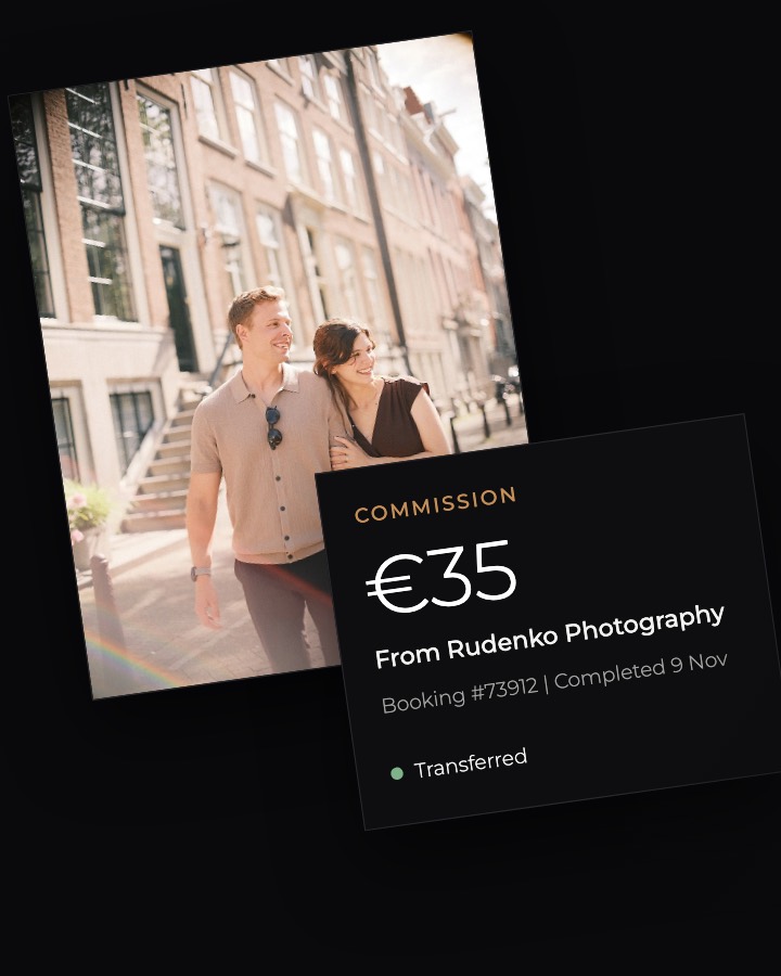 Card showing €35 commission transferred for a completed booking, beside a couple walking hand in hand down an Amsterdam street