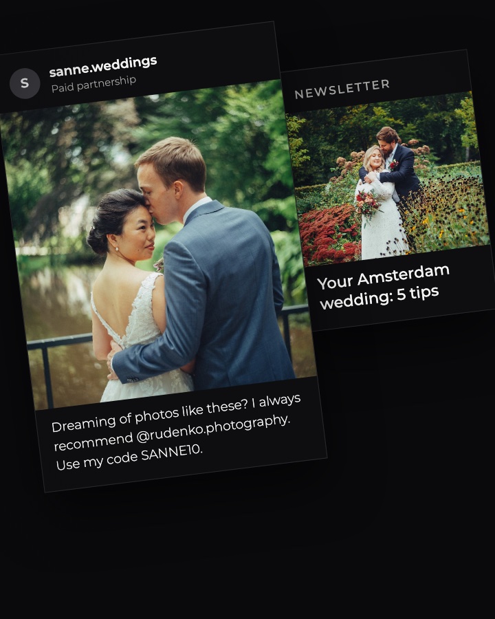 Paid partnership post of a groom kissing his bride’s forehead by the water, next to a newsletter with a bride and groom among flowers
